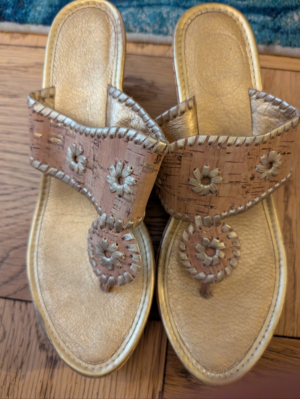 Jack Rogers Navajo Gold Leather Raffia Wedge Sandals Jacks Heels